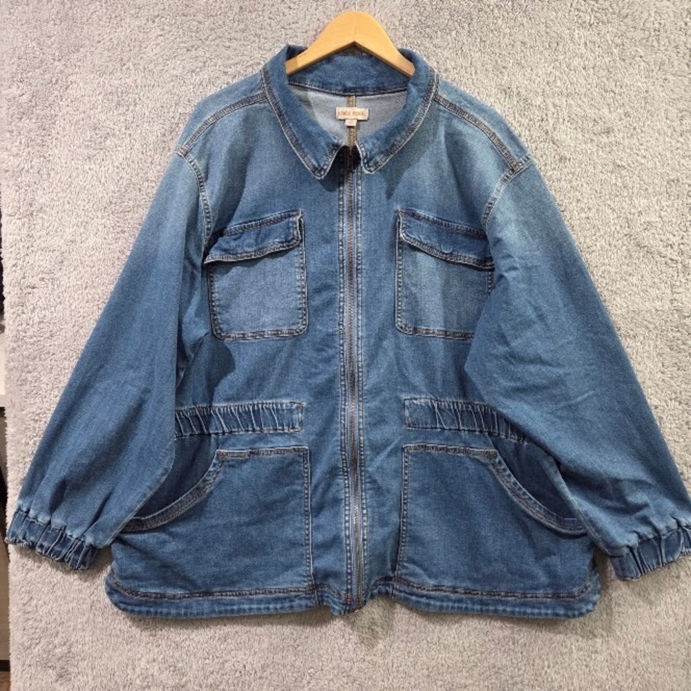 Knox Rose Denim Utility‎ Jacket Womens 3X Blue Zip Elastic Cinch Waist Cargo